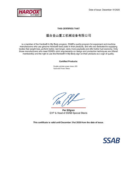 China JISAN HEAVY INDUSTRY LTD certificaten